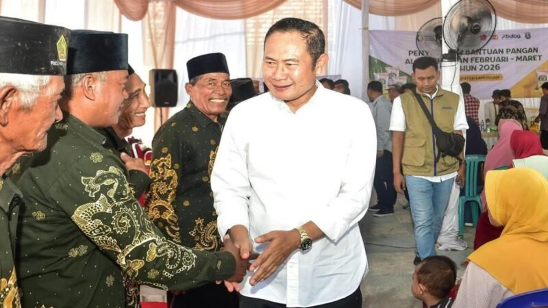 Bupati Lamongan Yuhronur Efendi saat menyerahkan bantuan secara simbolis kepada warga di Desa Pucangro